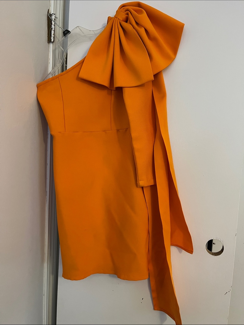 One-Shoulder Orange Cocktail Bandage Dress with Dramatic Bow